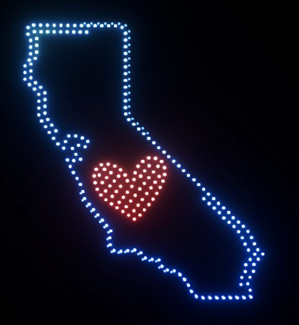 California outline with a heart created with drones